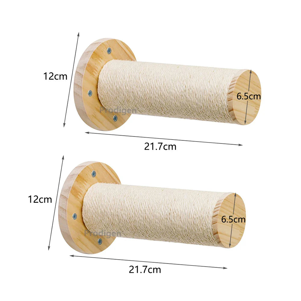 Wooden cat climbing shelves for wall with natural sisal scratching posts, ideal for active felines