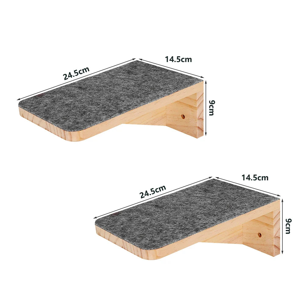 Tail Chasers cat climbing shelves for wall in wood with soft gray fabric surface for better grip