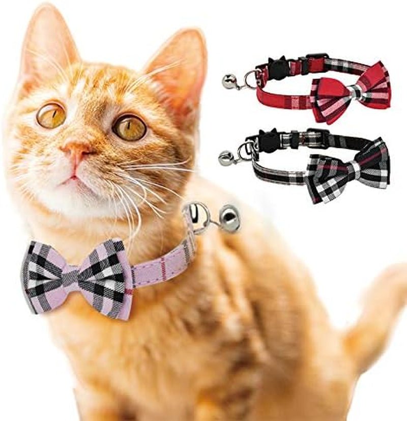 Cat Collar 2 Pack Plaid Bow Tie for Stylish Cats with Adjustable Size and Bell