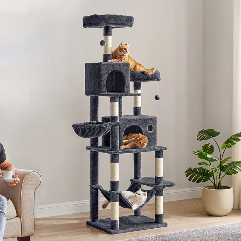 78 inch tall cat condo with multiple levels, hanging toys, and cozy hideouts for playful cats