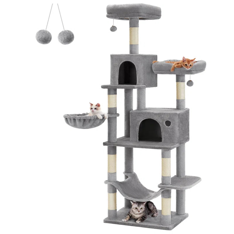 78 inch tall cat condo with multiple levels, scratching posts, and playful hanging toys for cats