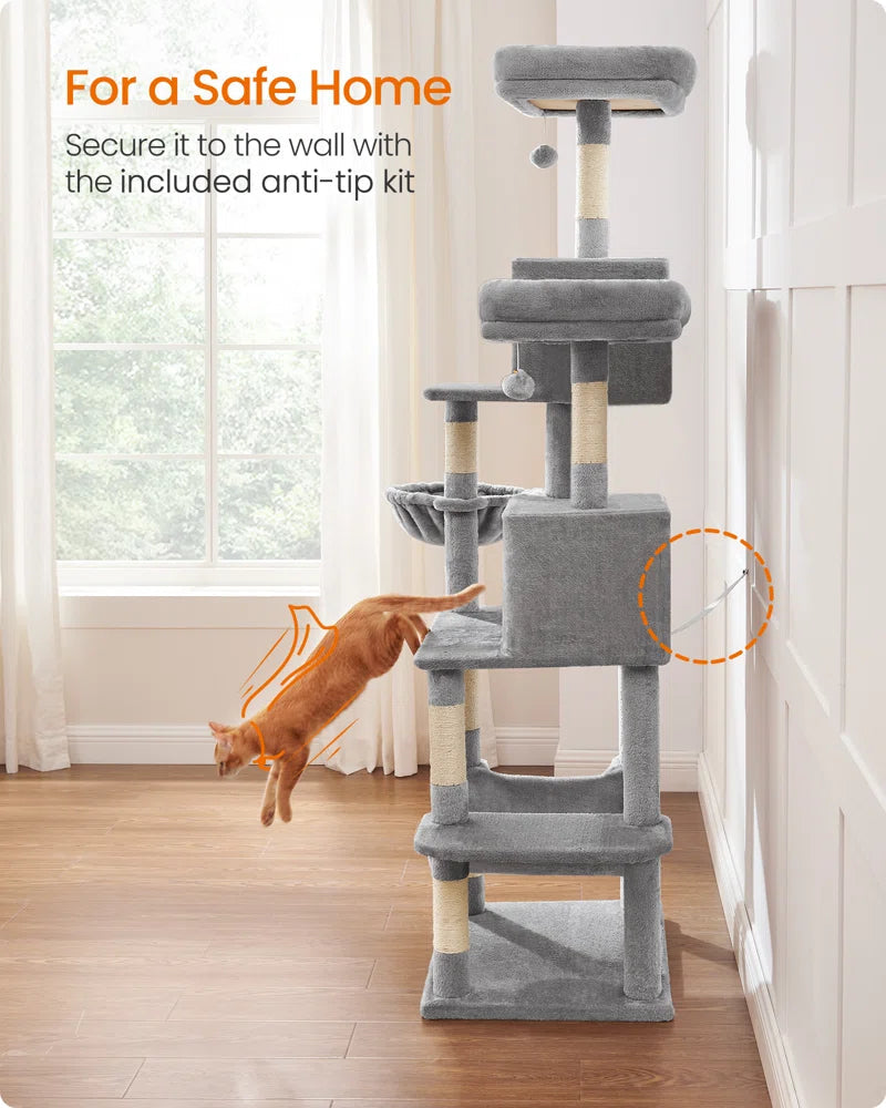 78 inch tall cat condo with multiple levels and scratching posts for active cats.