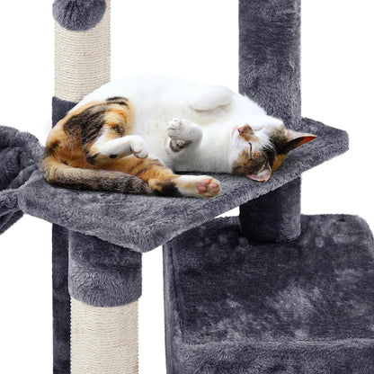 Cozy MJ's Pet Closet cat condo with a sleeping cat on a plush perch and scratching posts