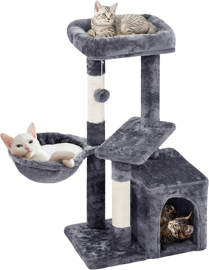 MJ's Pet Closet gray cat condo with two levels, a cozy hammock, and a hiding space for multiple cats