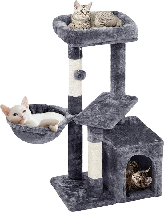 MJ's Pet Closet gray cat condo with two levels, a cozy hammock, and a hiding space for multiple cats