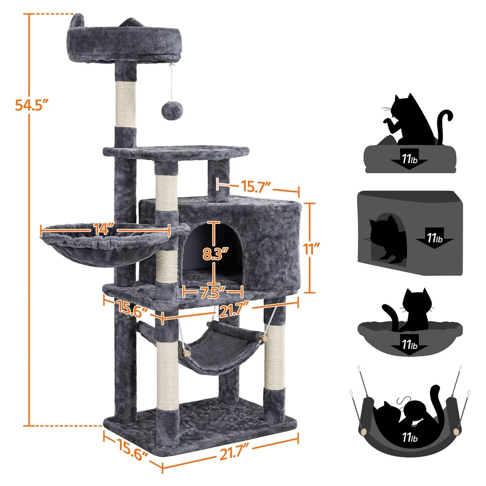55 inch cat condo playground with multiple levels, scratching posts, and cozy hideouts for playful cats