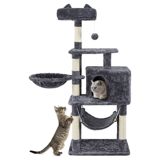 55 inch cat condo playground with multiple levels, cozy hideaways, and scratching posts for playful cats