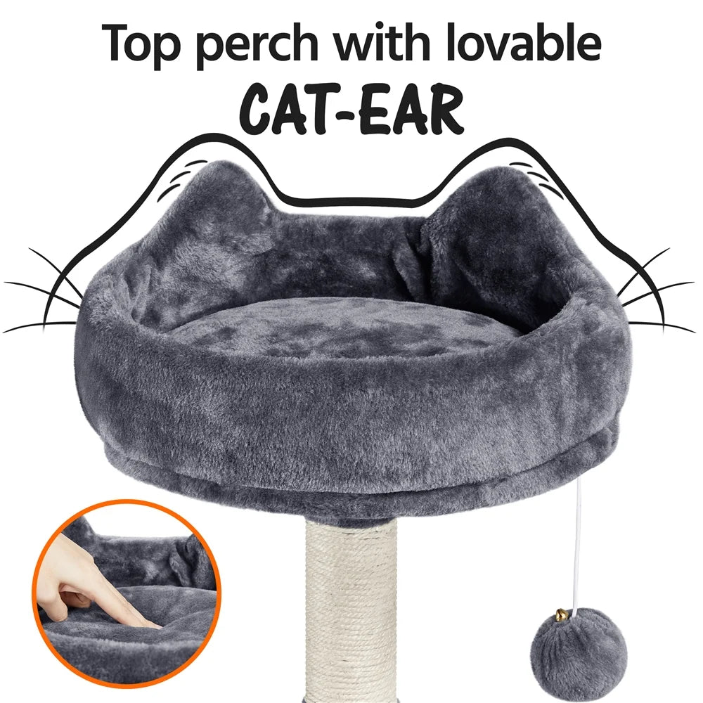55 inch cat condo playground featuring a cozy top perch with lovable cat-ear design and playful ball toy