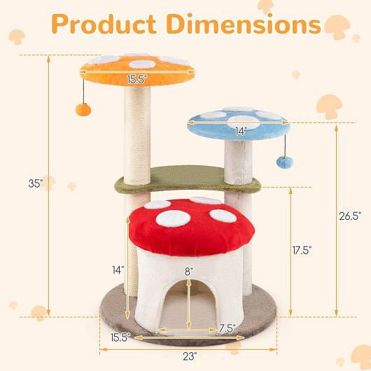 Tail Chasers Cat Condo with Scratching Post in Fun Mushroom Design and Colorful Platforms