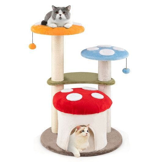 Colorful Tail Chasers cat condo with scratching post featuring playful mushrooms for climbing and lounging