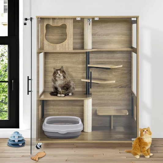 Tail Chasers cat condo with scratching posts and shelves featuring multiple levels for play and rest