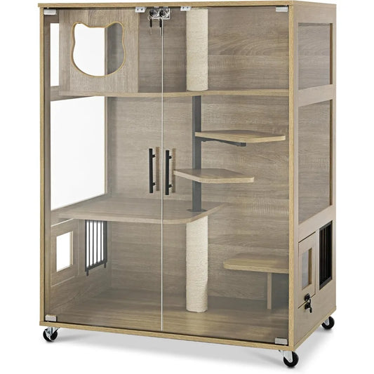 Tail Chasers cat condo with scratching posts and shelves featuring a spacious design for playful cats.