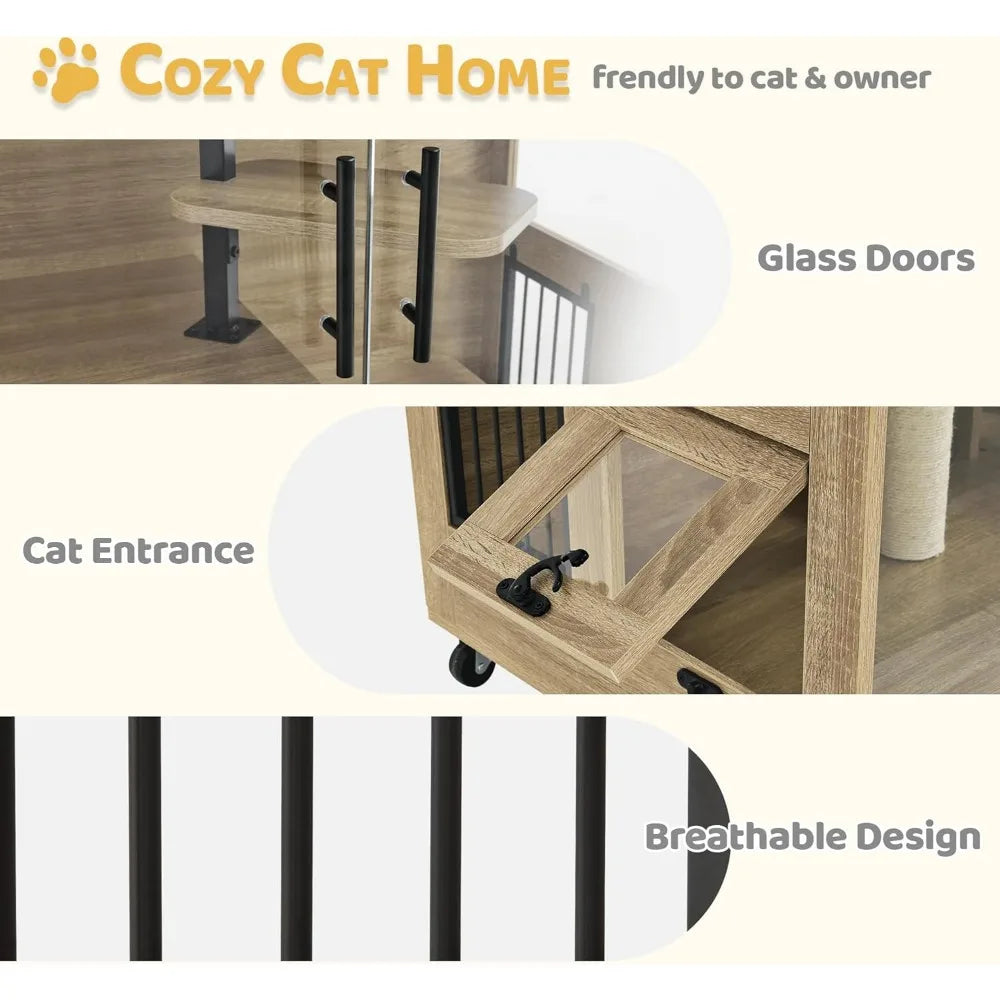 Tail Chasers cozy cat condo with scratching posts and shelves featuring glass doors and a breathable design.
