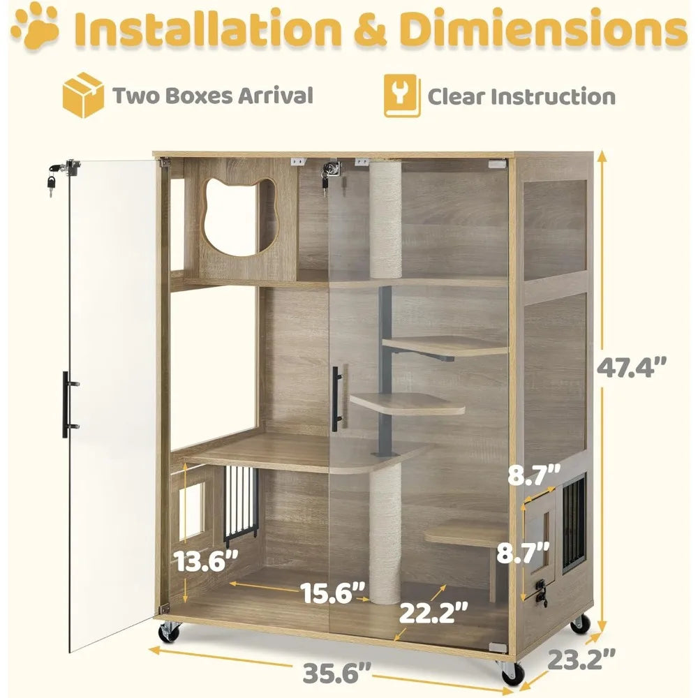 Tail Chasers cat condo with scratching posts and shelves featuring multiple levels and clear instructions