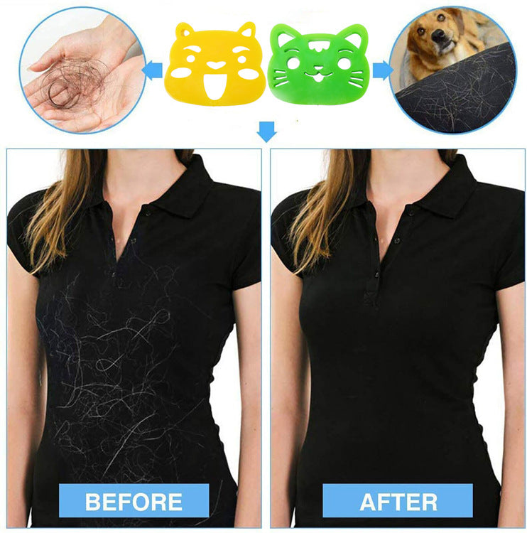 Deshedding brush for cats and dogs, showing before and after effect on clothing with hair remover brush