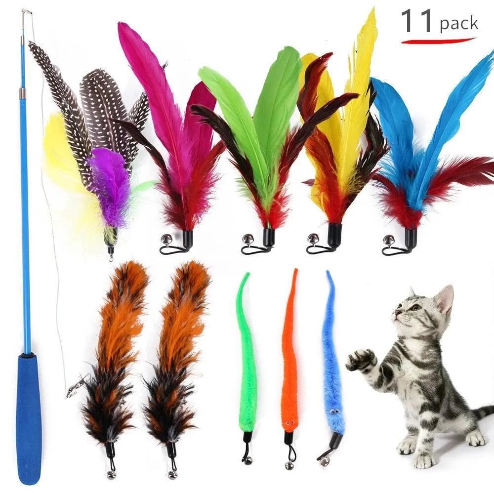 Colorful Cat Feather Toy Set by Stevvex, featuring a feather teaser wand for playful kittens and cats, priced at $29.90.