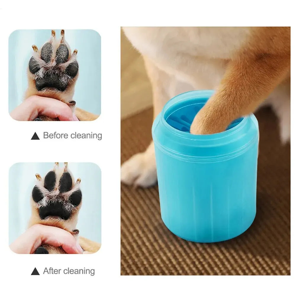 Cat foot cleaning tool shown before and after cleaning for easy pet hygiene