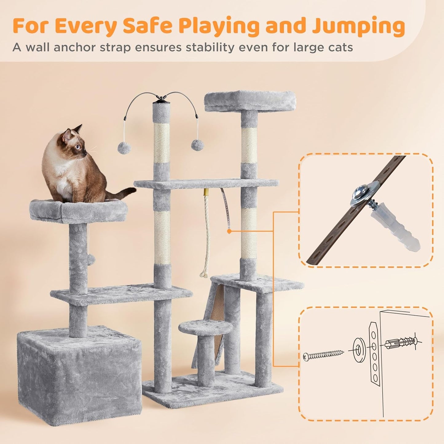 Purrfect Pet Kingdom Cat Tree with Wall Anchor for Safe Play, ideal cat furniture for large cats