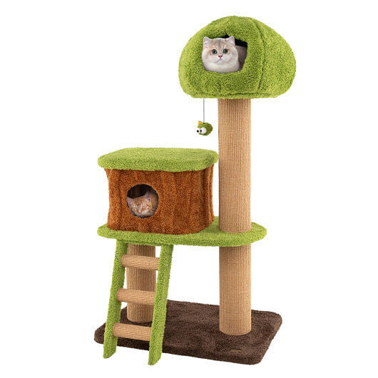 Tail Chasers Cat Tree with two levels and cozy cabins, perfect cat furniture for large cats.