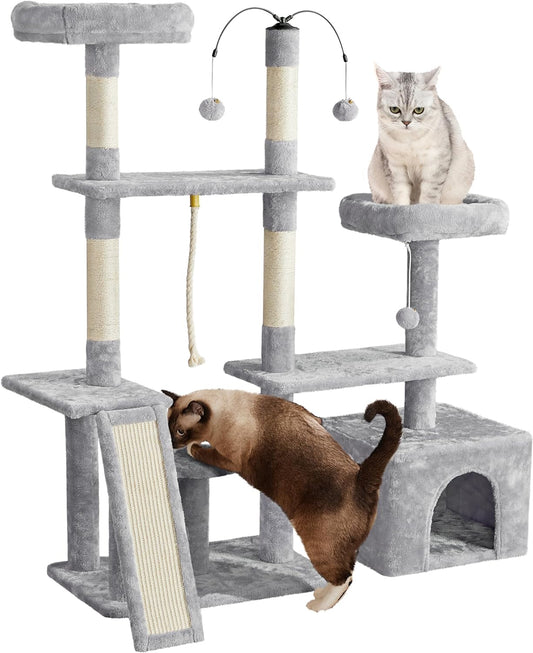 Gray cat furniture for large cats featuring scratching posts, platforms, and toys for play and relaxation