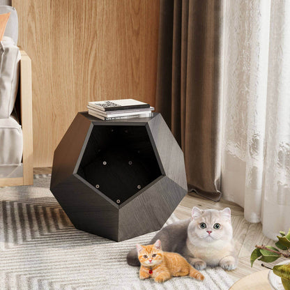 Black geometric cozy cat bed by Purrfect Pet Kingdom with two cats on rug as cat furniture for living room