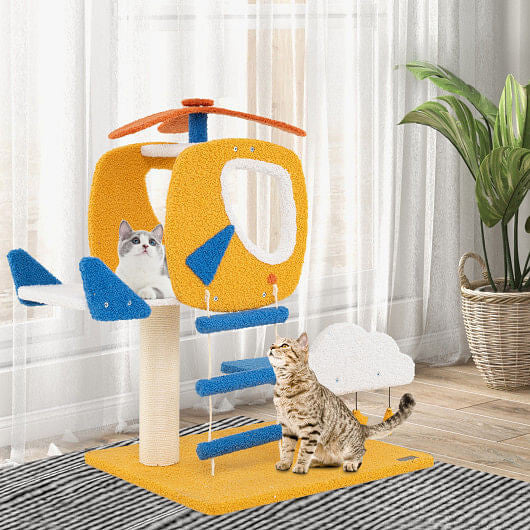 Tail chasers cat furniture with scratching post featuring a colorful helicopter design and interactive elements