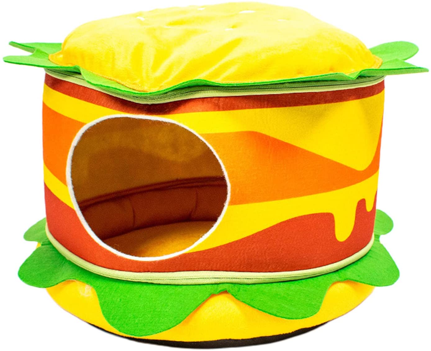 Colorful hamburger french fries cat bed with plush toppings for cozy cat relaxation