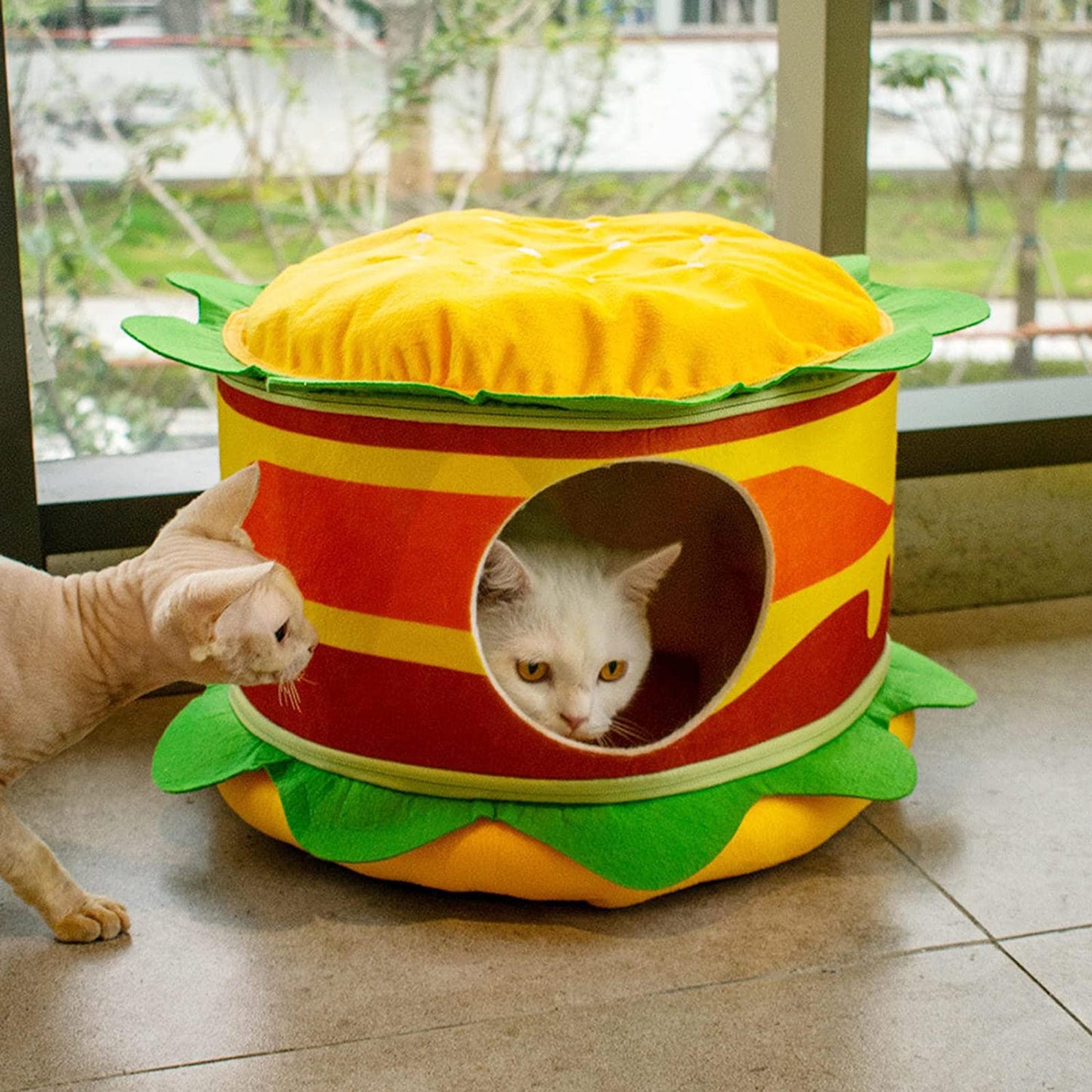 Cute hamburger french fries cat bed designed like a burger with soft materials for cozy cat naps