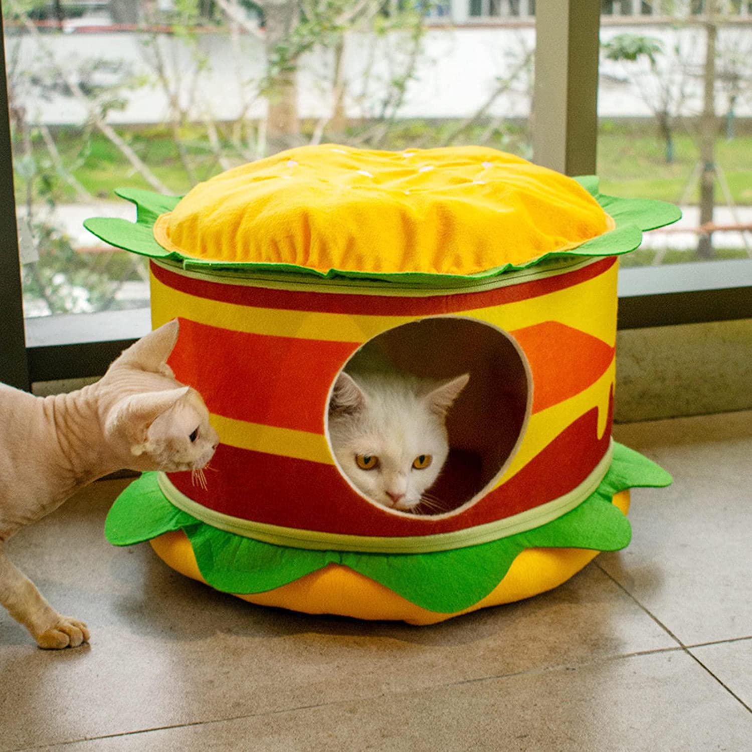 Cute hamburger french fries cat bed designed like a burger with soft materials for cozy cat naps
