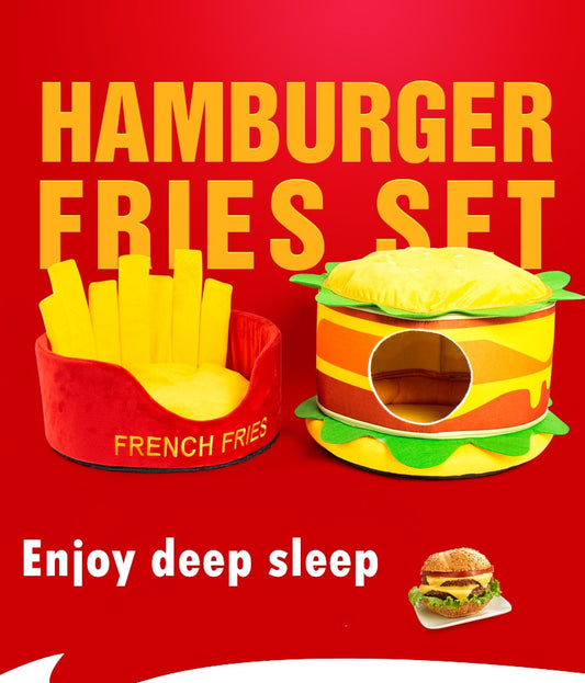 Furr Baby Gifts hamburger french fries cat bed set featuring a cozy burger-shaped bed and fries-shaped lounging area