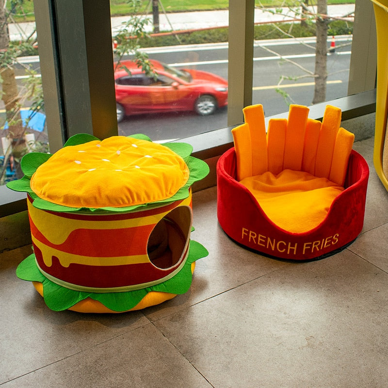 Fun hamburger french fries cat bed set with cozy hideaway and plush seating for playful cats