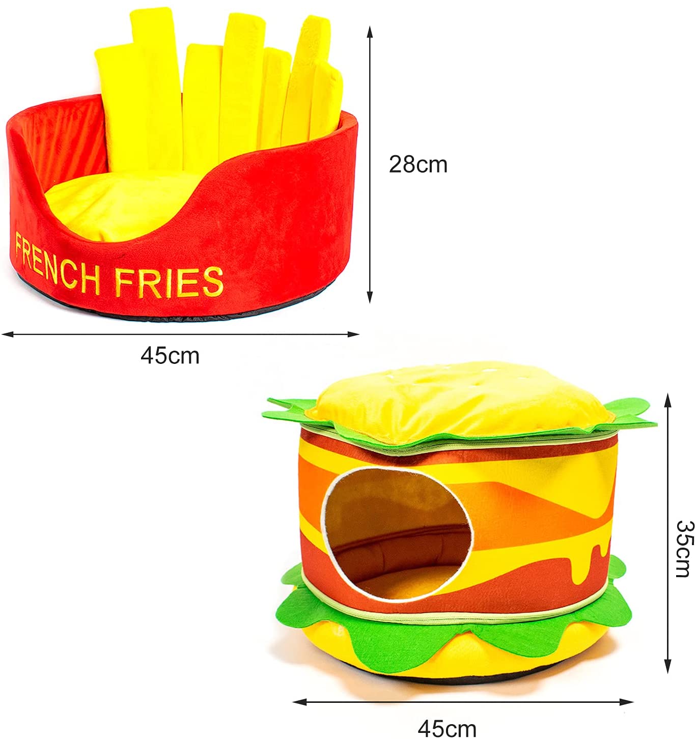 Colorful hamburger french fries cat bed with plush materials for a cozy cat resting spot