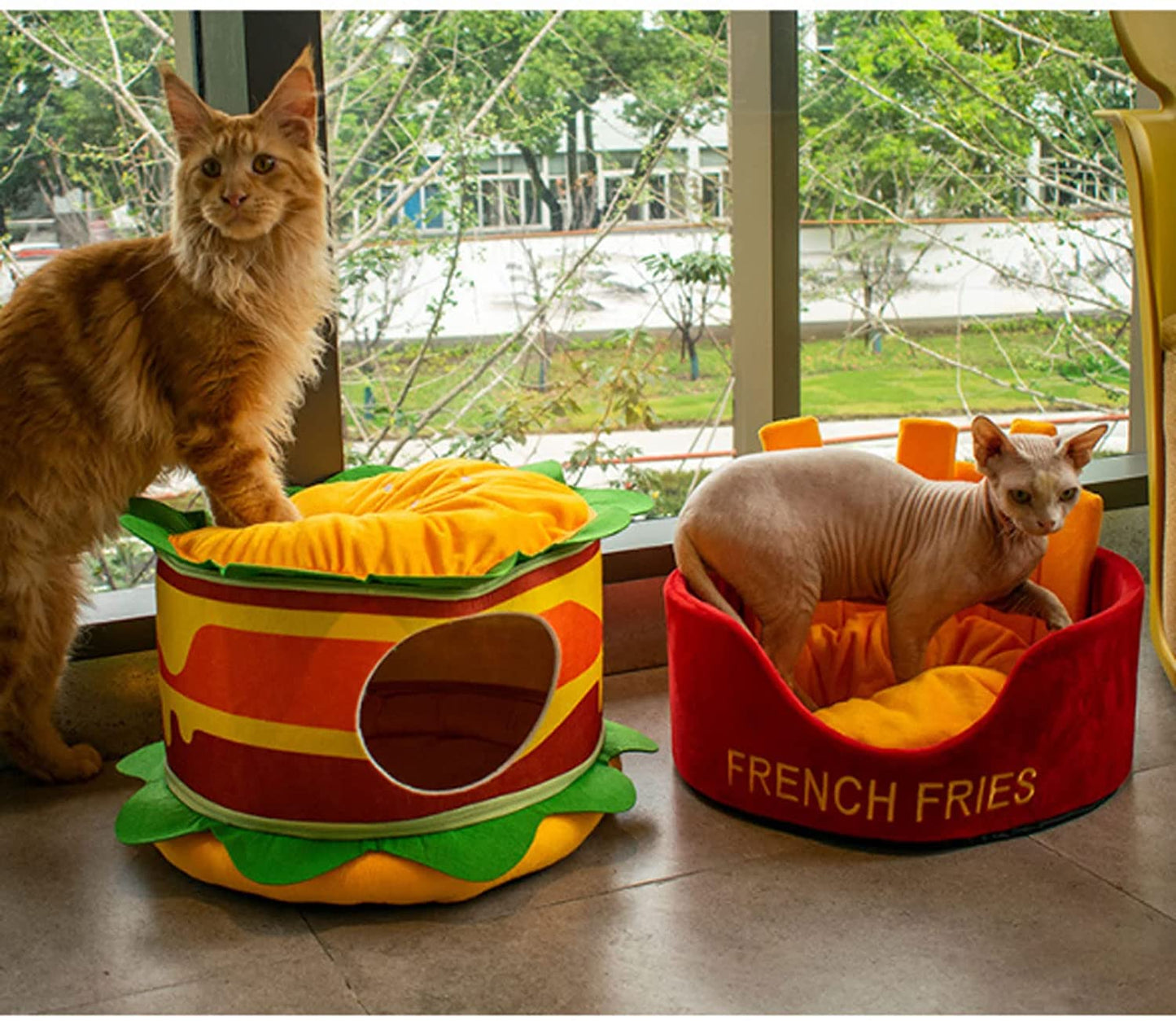Colorful hamburger french fries cat bed set with a cozy design for comfortable cat lounging