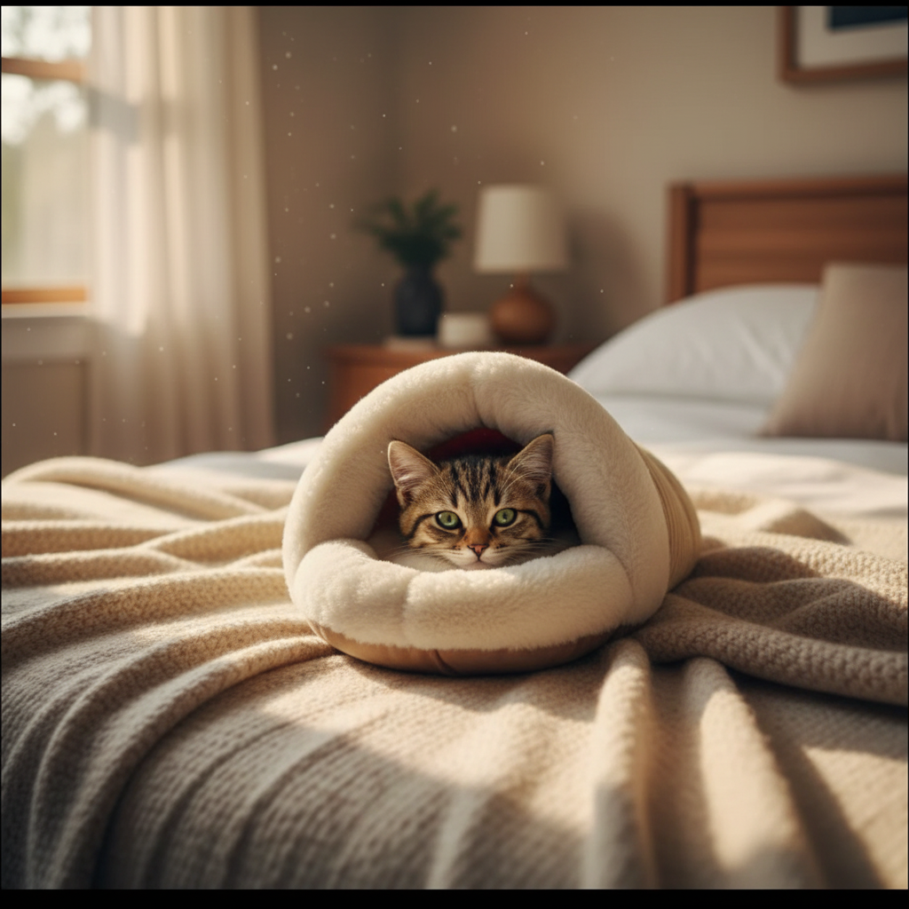 Cat in tan slipper bed