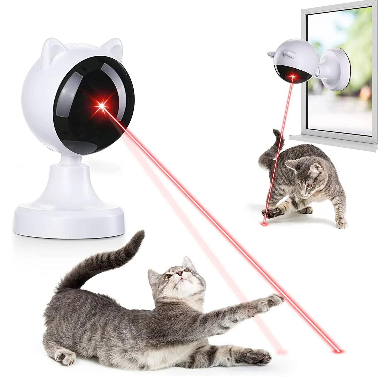 Purrfect Pet Kingdom cat laser pointer toy automatic with a playful cat chasing the laser beam