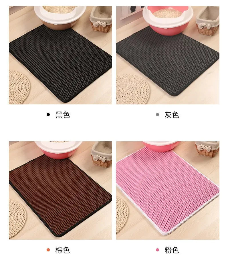 Tail Chasers Cat Litter Mat available in black, gray, brown, and pink, designed as a cat litter pad for odor control