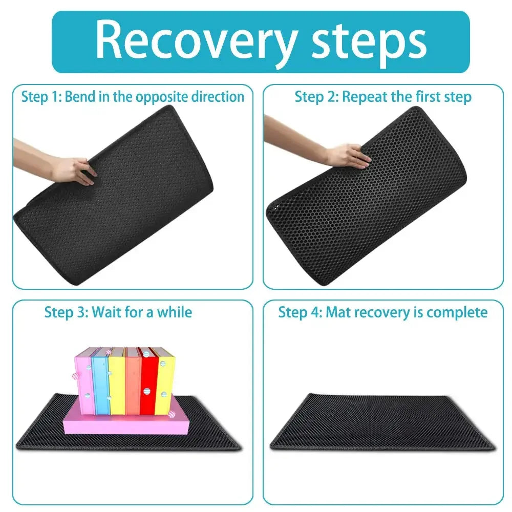 Tail Chasers cat litter pad for odor control, demonstrating recovery steps for shape restoration