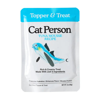 Cat Person Cat Mousse Tuna 3oz Pouch by Purrfect Pet Kingdom®, featuring a colorful design, perfect cat treats for your fa...
