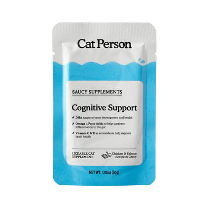 Cat Person Cat Supplement Cognitive Support in a 1.05oz pouch by Purrfect Pet Kingdom, featuring chicken and salmon flavors.