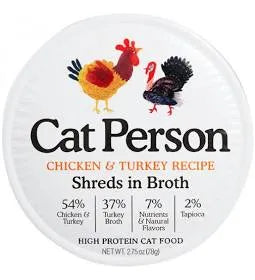 Cat Person Cat Shredded Chicken & Turkey in Broth 2.75oz by Purrfect Pet Kingdom, featuring savory meat in a colorful pouch.