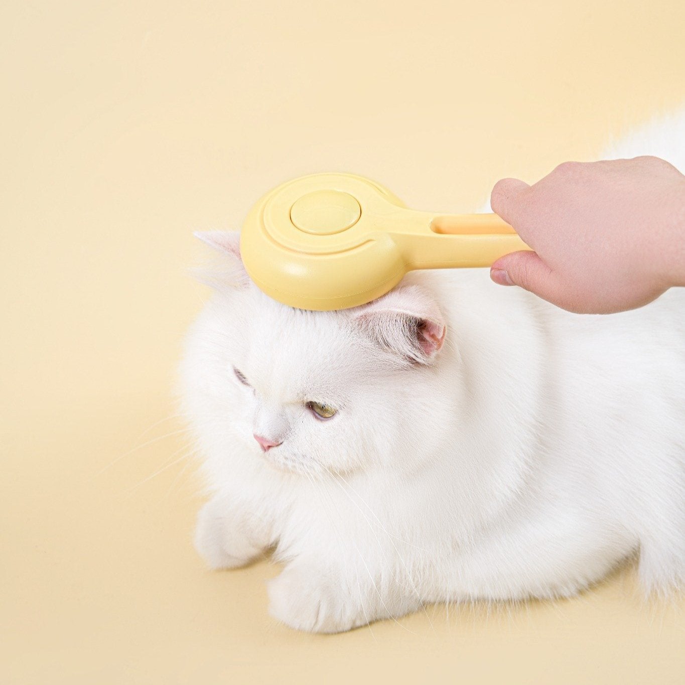 MangoPets cat press comb for shedding in use on a fluffy white cat for effective grooming