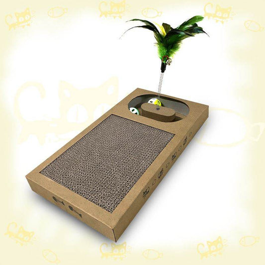 Purrfect Pet Kingdom cat scratch pad for indoor cats with cardboard surface and feather toy
