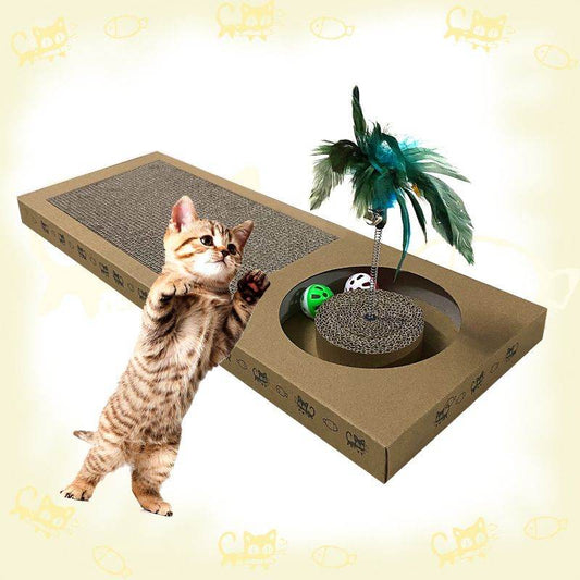 Purrfect Pet Kingdom cat scratch pad for indoor cats with feathers and toys for playful cats
