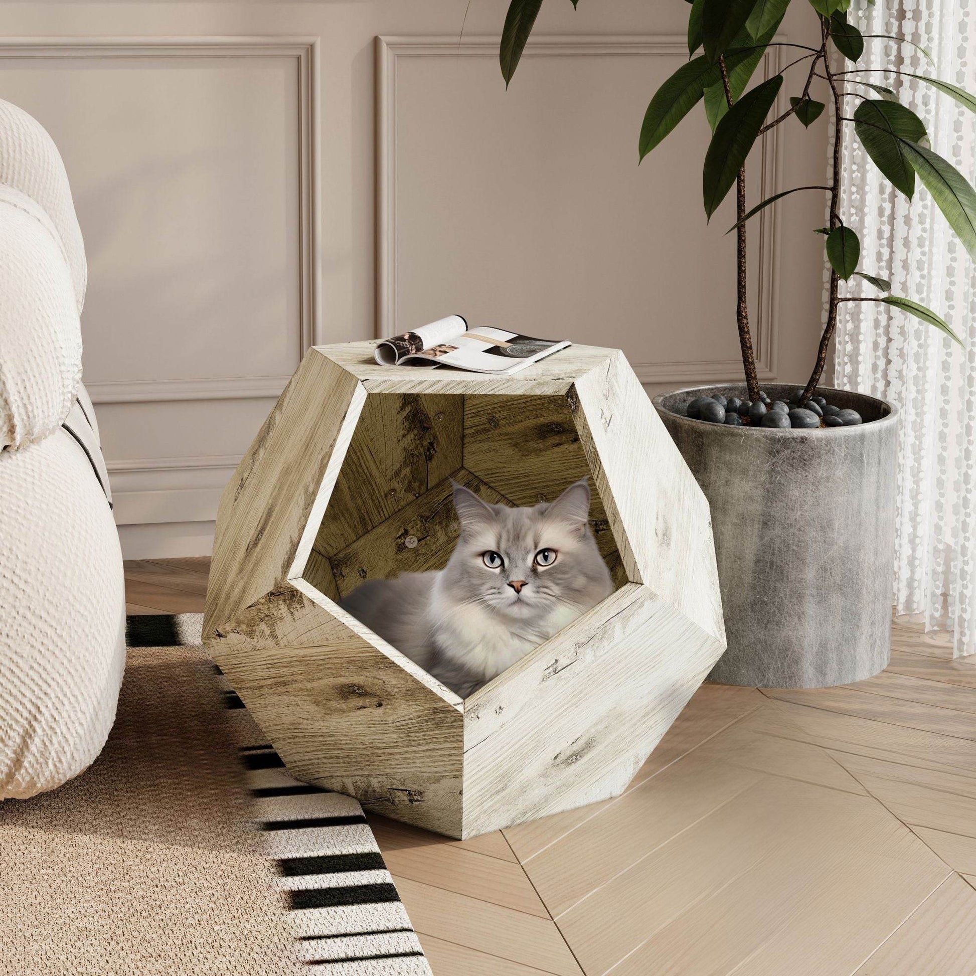 Purrfect Pet Kingdom Cat Side Table with Hidden Bed White Oak Purrfect Pet Kingdom