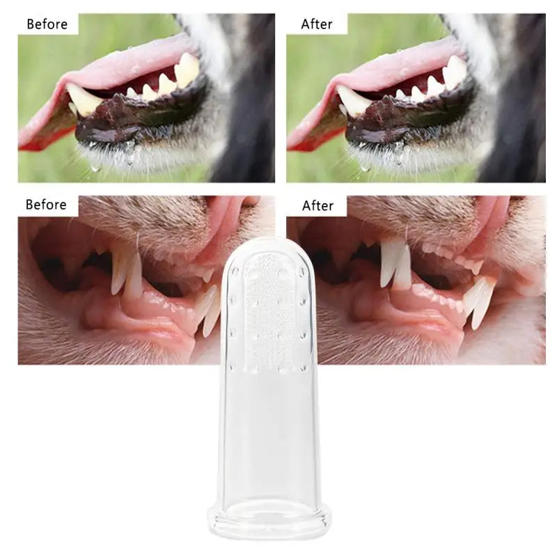 Cat silicone toothbrush for teeth cleaning demonstrating before and after results on pet teeth.