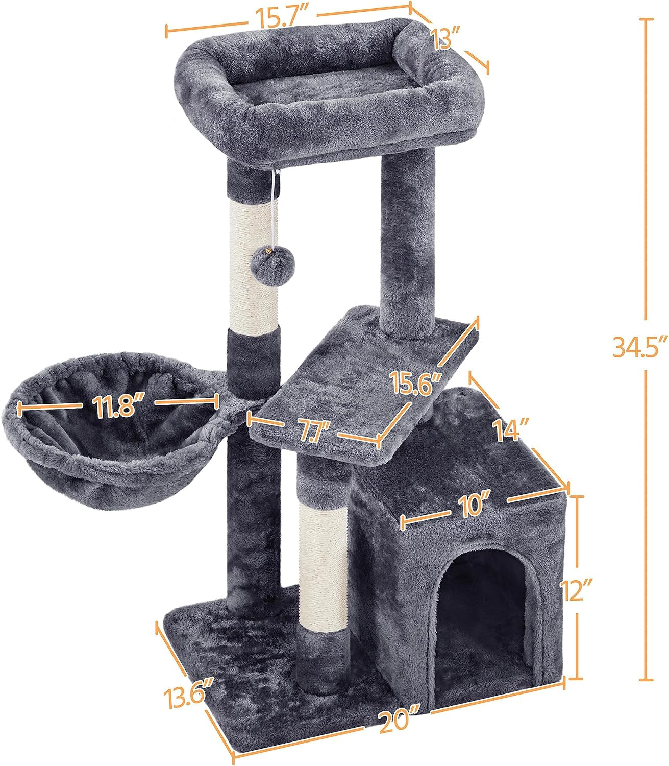 Gray cat tower for multiple cats with cozy hammock and scratching posts for play and relaxation