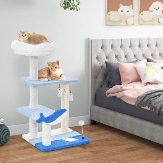 Purrfect Pet Kingdom cat tower with scratching posts in blue and white with two cats lounging on it