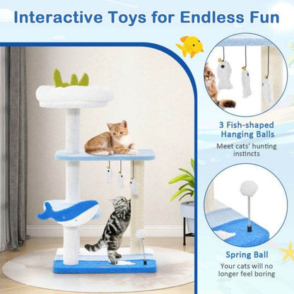 Purrfect Pet Kingdom cat tower with scratching posts in blue and white with interactive toys for cats