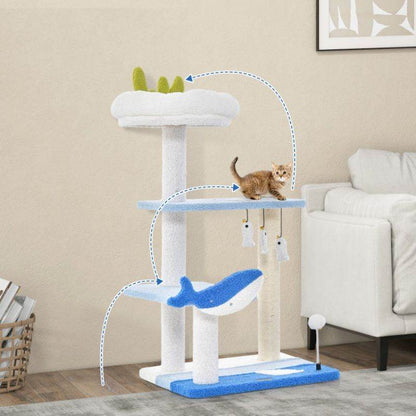 Purrfect Pet Kingdom cat tower with scratching posts features multiple levels and playful blue whale design