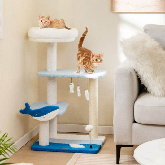 Purrfect Pet Kingdom cat tower with scratching posts in blue and white with hanging toys and two cats playing